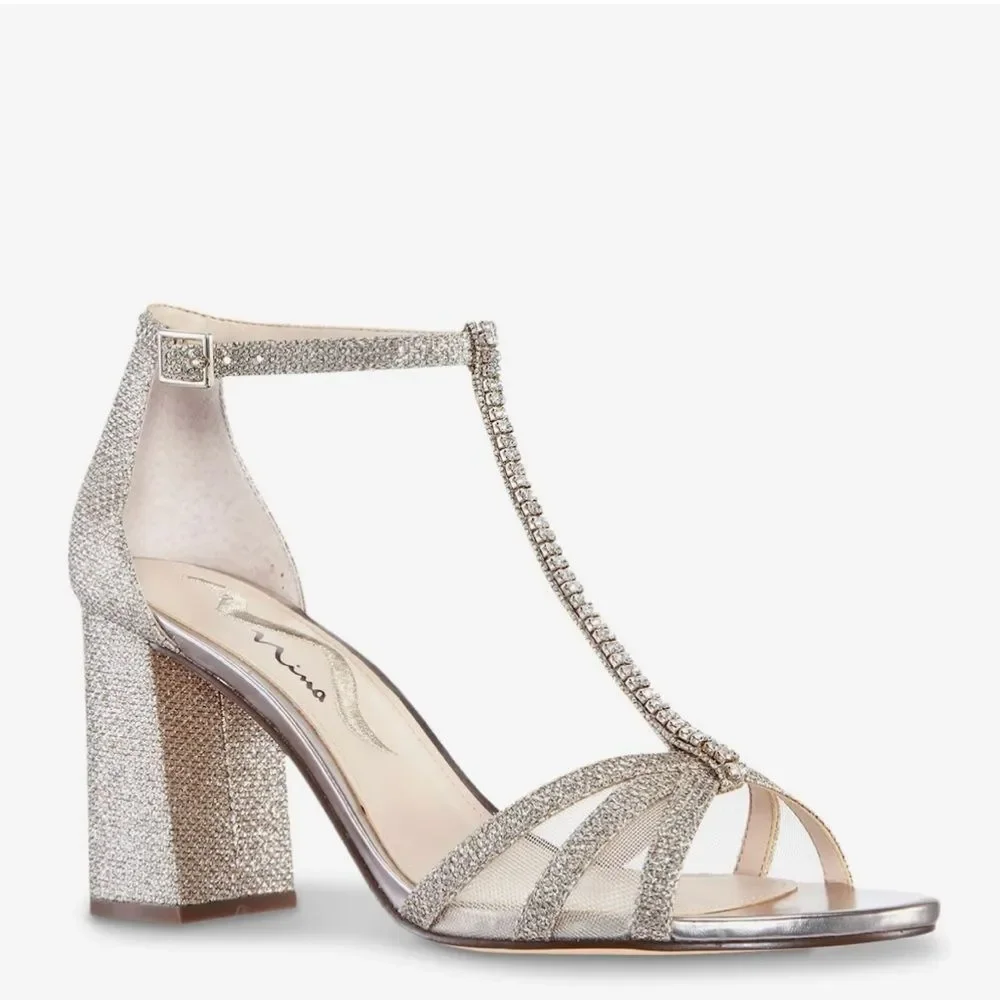 Nina Haviva Rhinestone T-Strap Heels | Gold | Size 8.5